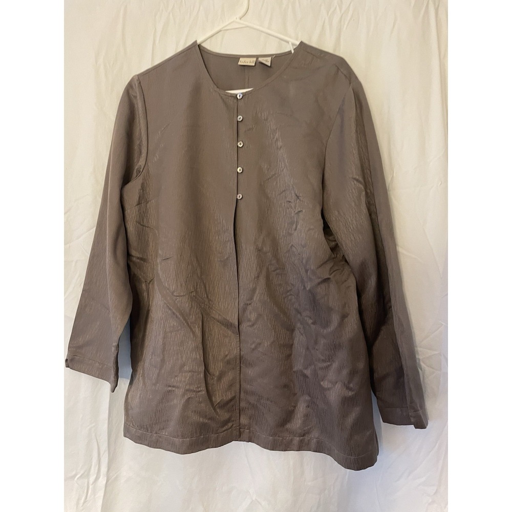Linden Hill 100% Silk Brown Taupe Long Sleeve Blouse Button Jacket Large Blazer